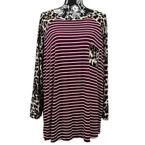 Now N Forever Burgundy‎ Striped Top with Leopard Accents